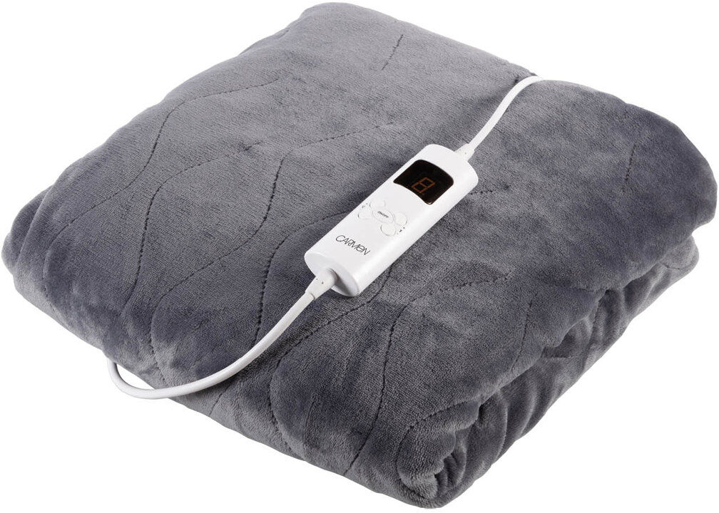 Carmen Comfort Fleece Luxury Electric Heated Throw and Over Blanket with 9 Heat Settings, Adjustable Timer and 230gsm Flannel Fleece Material Grey 130cm W X 160cm L