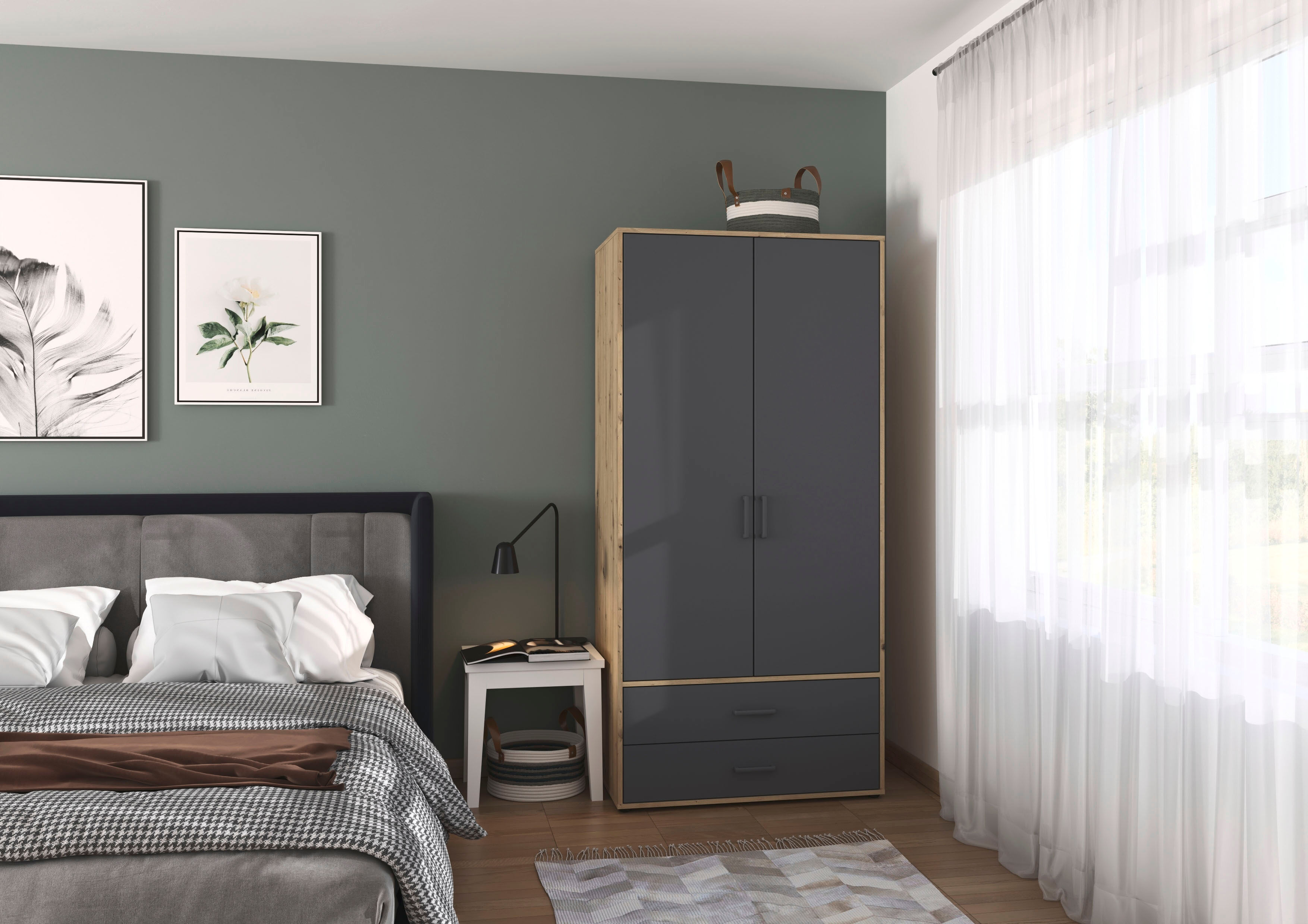 Drehtürenschrank RAUCH "Kleiderschrank Schrank Garderobe Wäscheschrank VOYAGER", grau (eiche artisan, graumetallic, griffe graumetallic), B:93cm H:194cm T:53cm, Holzwerkstoff, Schränke, Drehtürenschrank, mit 2 modernen Griffvarianten, mit Aussenschubladen