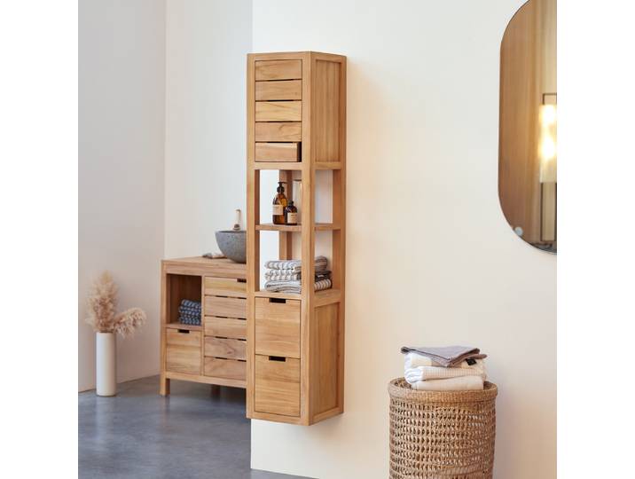 Badschrank Highboard Kolonne Regal massives Teak unbehandelt Bad Neu Tikamoon - Natur