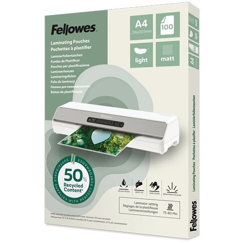 Fellowes Laminierfolien mit 50% recyceltem Anteil matt für A4 75-80 micron, 100 St.