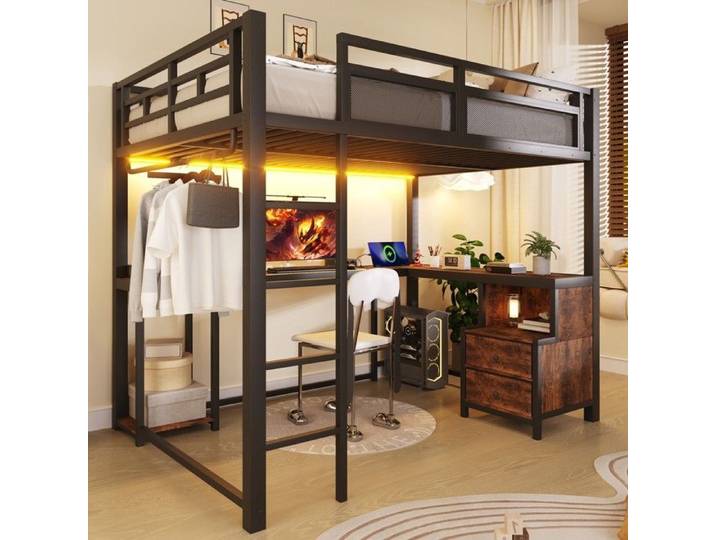 Lit mezzanine métallique noir - BLACKCOLOR - 140 x 200 cm - Bureau intégré - Étagères de rangement - Tringle à vêtements