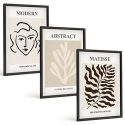BILDER SET 3er Set - 40x60 cm Schwarzer Rahmen - Gesicht Blätter Kunst Matisse