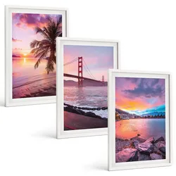 BILDER SET 3er Set - 40x60 cm Weißer Rahmen - Sonnenuntergangsbrücke Landschaft