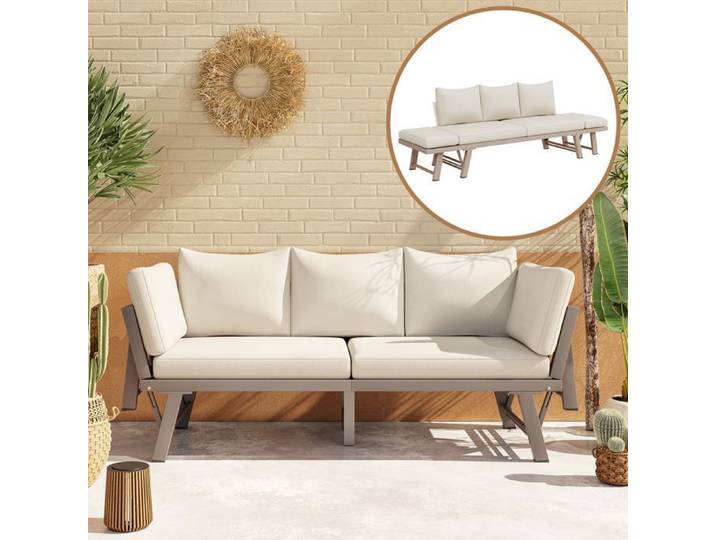 Canapé d'extérieur 3 places avec chaise longue coussins & accoudoirs rabattables – idéal jardin terrasse ou balcon