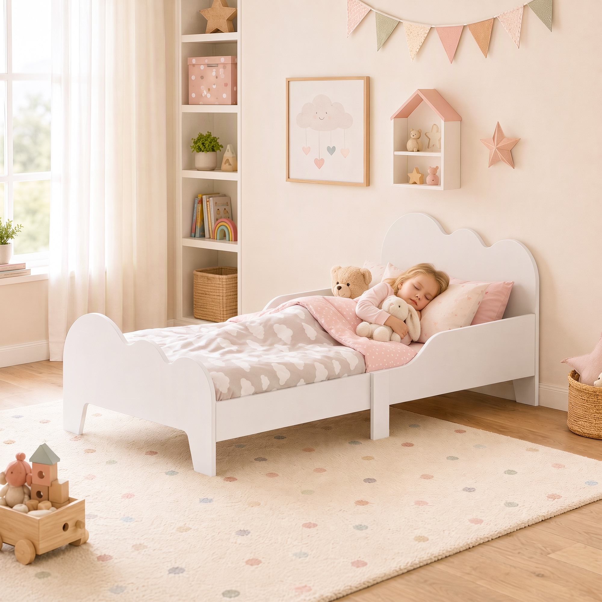 Aiyaplay Letto Montessori per Bambini 3-8 Anni, 143.5x74.5 cm con Sponde Anti-Caduta, Forma di Nuvola in Legno, Bianco   Aosom Italy
