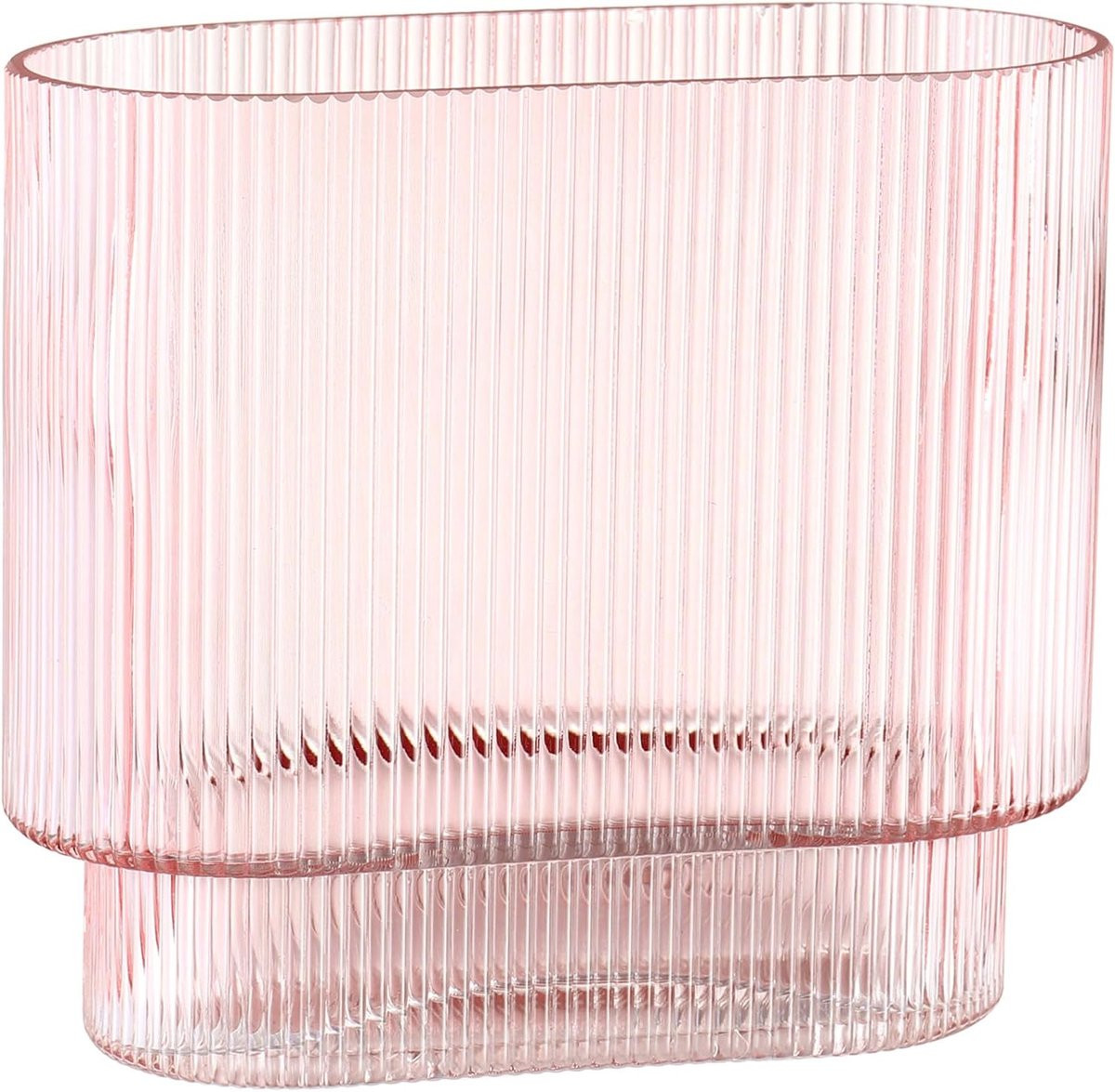SnelShoppen Geribbelde Glazen Vaas - Roze - Hoogte: 18 cm