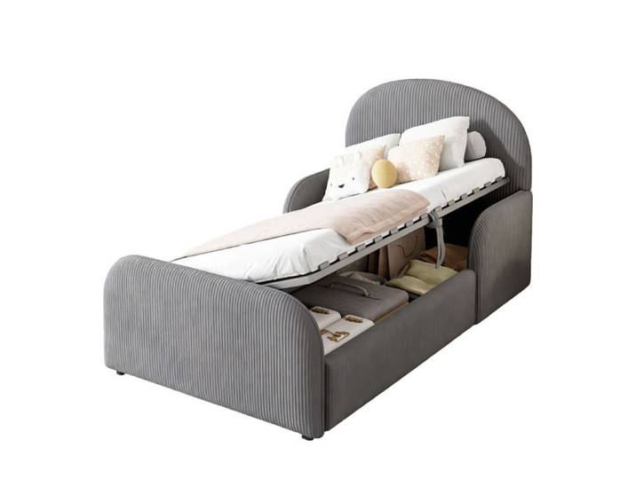 VLIVRA Lit avec Barrière Lit Simple - Coffre Hydraulique Tête et Pied Hauts - 90×200 cm - sans Matelas - Gris