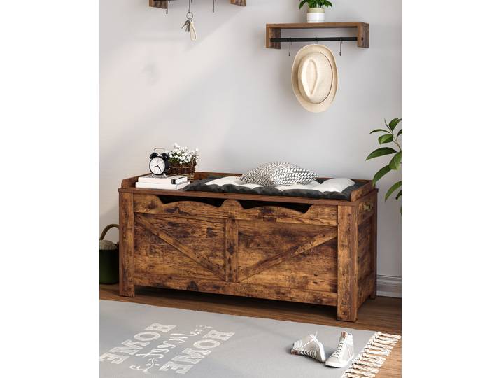 Coffre de rangement, banc de rangement extra large, coffre en bois, coffre de rangement à couvercle relevable, pour entrée, chambre, salon, marron rustique
