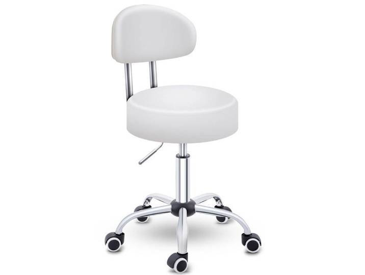 TRESKO® Tabouret de travail Blanc à Roulettes avec Dossier – Réglable 46-58 cm Pivotant 360° Similicuir Bureau & Cosmétique