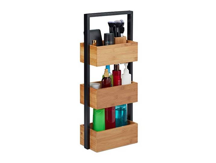 Relaxdays Badregal Bambus, platzsparendes Korbregal mit 3 Ablagen, Natur Bad, Küche, Wohnzimmer, Metall, 67x28,5x15 cm