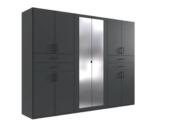 möbelando Drehtürenschrank >Taiga< graphitfarben, mit 10 Türen, 2 Spiegeln, 4 Schubladen, 4 Einlegeböden, 2 Kleiderstangen, Made in Germany, modern, 270x208x58cm (BxHxT)