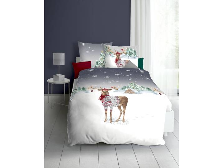 Bettwäsche KAEPPEL Weihnachtshirsch , grau, B/L: 140cm x 200cm, Feinbiber, B/L: 70cm x 90cm, 2 Stk., Feinbiber, Obermaterial: 100% Baumwolle, Bettwäsche, Bettwäsche