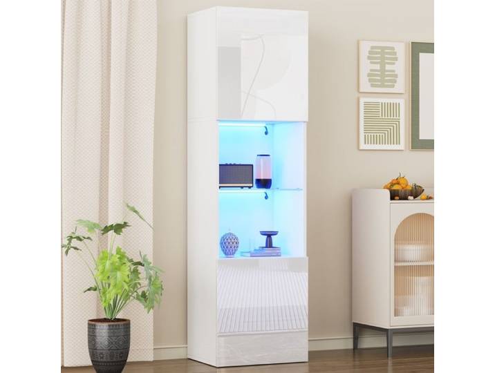 Vitrine blanche laquée brillante 45x35x160 LED 1 étagère en verre vitrines autoportantes armoires hautes armoires de rangement