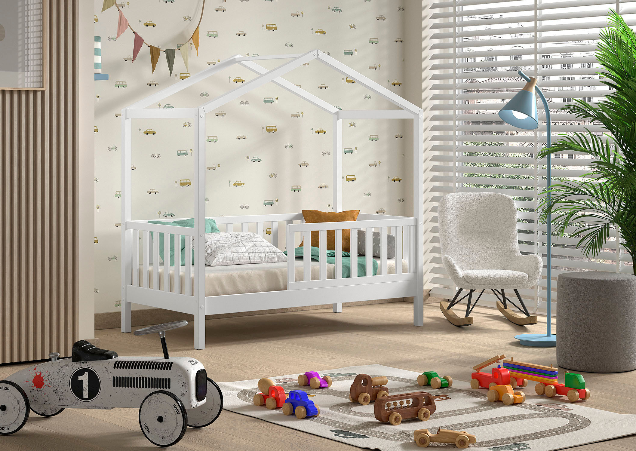Hausbett VIPACK "Junior Hausbett 70/140, umlaufender Rausfallschutz, stabil gebaut", weiss (weiß, weiß, weiß), B:75,8cm H:150,5cm L:148cm, Betten, Hausbett, inkl. Rolllattenrost und Dachaufbau weiß, weiß, weiß Liegefläche Länge B: 140cm x 70cm, Höhe Bett: