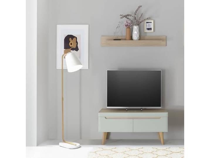 Wohnzimmer TV-Lowboard und Wandboard in Grün Matt mit Eiche, 2-teilig