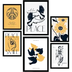 POSTER Set Mit 6 In Schwarzer Tinte Friedenstauben Kunstdrucke Von Meer Und Ozean Für Innenarchitektur A3 & A4 Schwarzer Rahmen