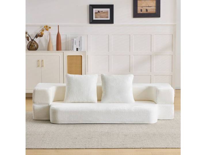 WOVREO Canapé convertible 2 places blanc crème avec 2 coussins mousse haute densité et ressorts sans montage