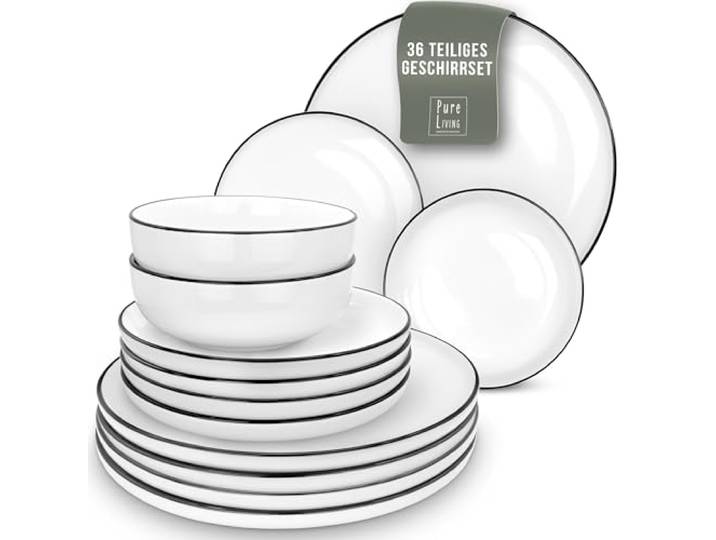 Geschirrset 12 Personen Scandi Style - Premium Porzellan weiß 36 Teile - Geschirr Set für Spülmaschine und Mikrowelle - Tafelservice, Schüssel- und Teller Set - Stilvolles Essgeschirr, Geschirr