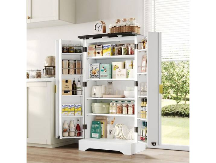 Buffet haut 60.5x40x120 cm avec éclairage LED à capteur Buffet de cuisine avec étagère à épices Buffet salle a manger en blanc
