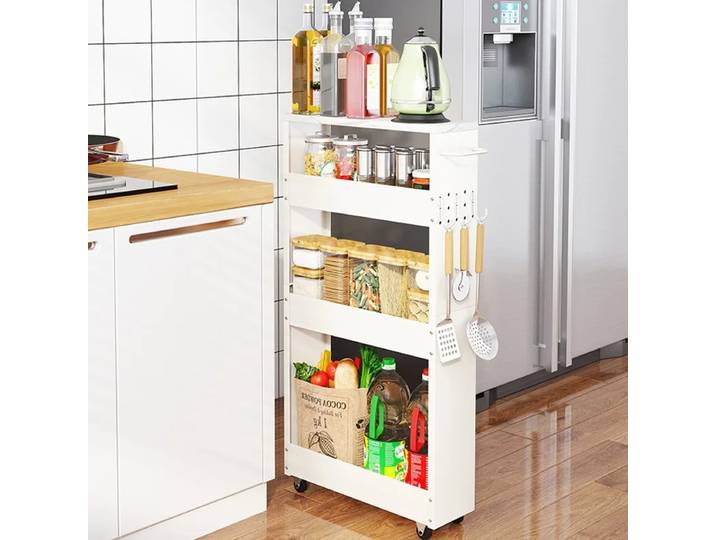 Chariot de cuisine pliable et fin sur roulettes, étagère mobile multi-niveaux pour épices, chariot de bar en acier au carbone avec roues