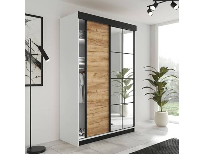 KIER FURNITURE Kleiderschrank LAMARO Weiß/Craft-Eiche Gold 167x205x59 cm Geräumiger Schiebeschrank mit platzsparenden Türen und Stauraum für Kleidung, Wäsche und Accessoires