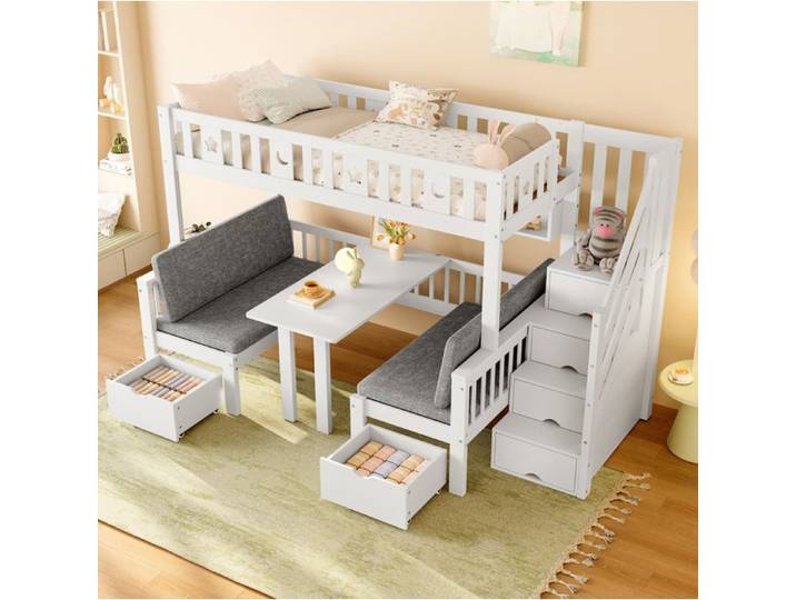 ULEVR Lit mezzanine multifonction 90x200 cm en bois blanc avec bureau rangement et échelle