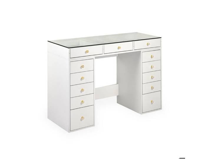 MENZZO Coiffeuse moderne avec 13 tiroirs et plateau en verre transparent L120cm Probeauty Blanc