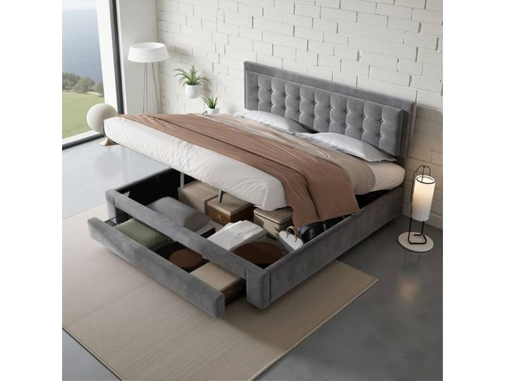 Lit Coffre - Novélys - 160x200cm - avec Rangement Double (Coffre & Tiroirs-Paniers) - Tête de Lit Chesterfield - Velours Gris