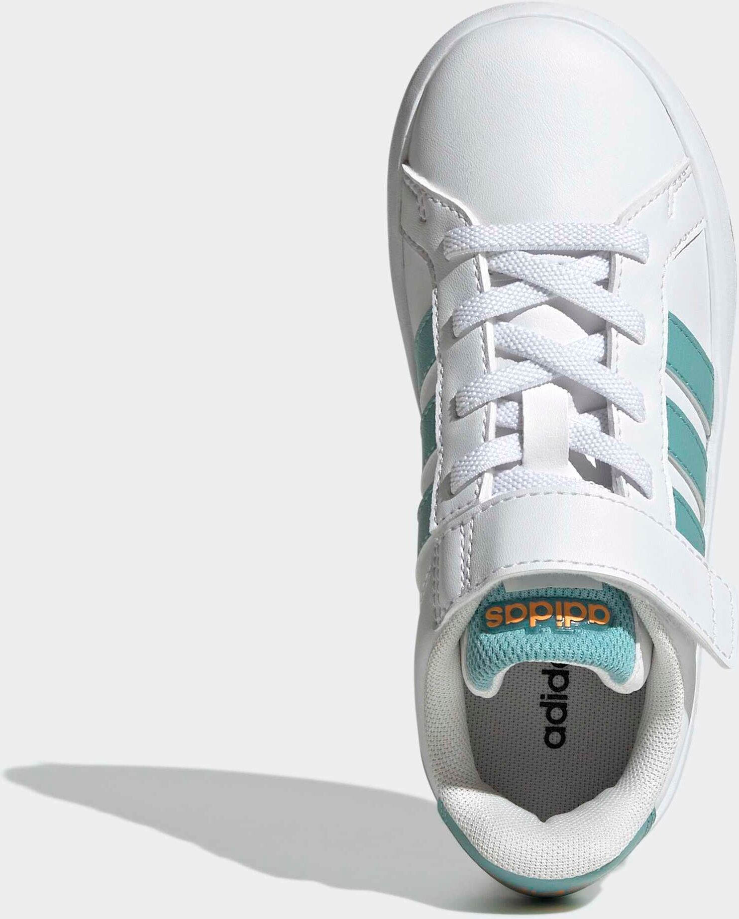 Sneaker ADIDAS SPORTSWEAR "GRAND COURT 3.0 FÜR KINDER", Kinder, Gr. 32, blau (cloud weiß, mint ton, lucid tangerine), Synthetik, Textil, Schuhe Sneaker, mit Klettverschluss cloud weiß, mint ton, lucid tangerine 32