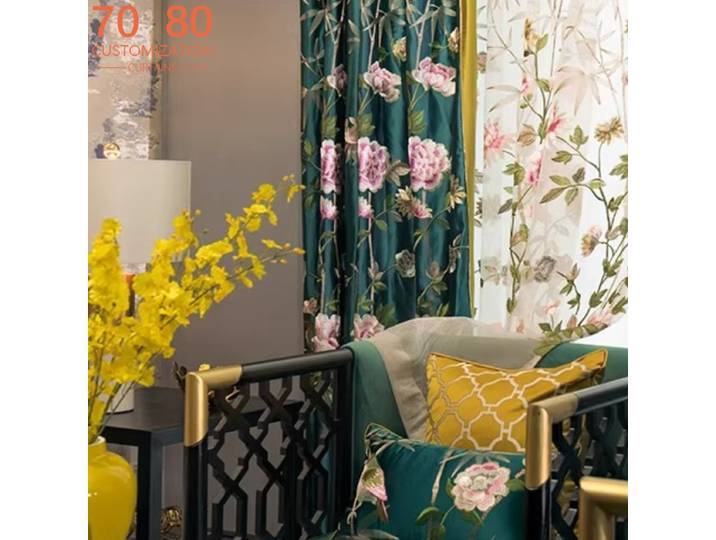 Rideaux de fenêtre brodés de style chinois vert foncé brillants pour salon, chambre, balcon, villa, personnalisation