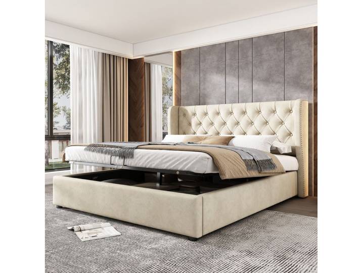 ULEVR Lit coffre hydraulique 180x200 cm en velours beige tête de lit capitonnée avec sommier sans matelas