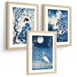 POSTER 3er Bilder-Set Wandbilder Japan Stil modern Wohnzimmer Deko, Schlafzimmer, Küche, Badezimmer Leichter Holzrahmen A3