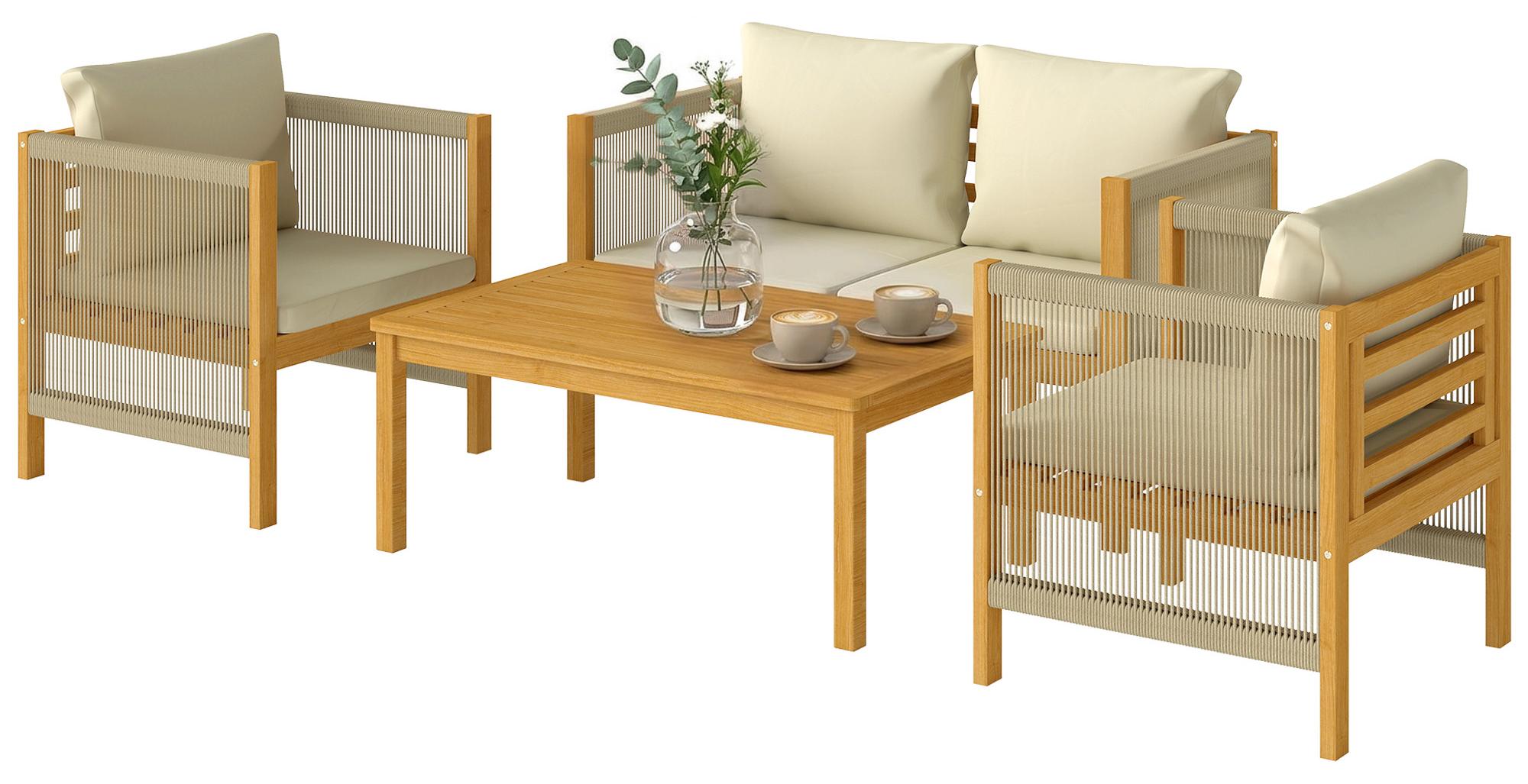 4-teiliges Garten-Lounge-Set mit 2-Sitzer-Sofa, 2 Sesseln und Lattentisch aus beigefarbenem Akazienholz