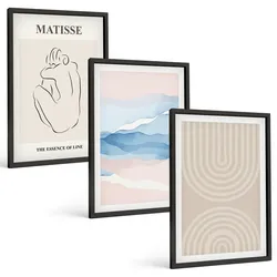 BILDER SET 3er Set - 40x60 cm Schwarzer Rahmen - Linien, Wellen, pastellfarbener Minimalismus