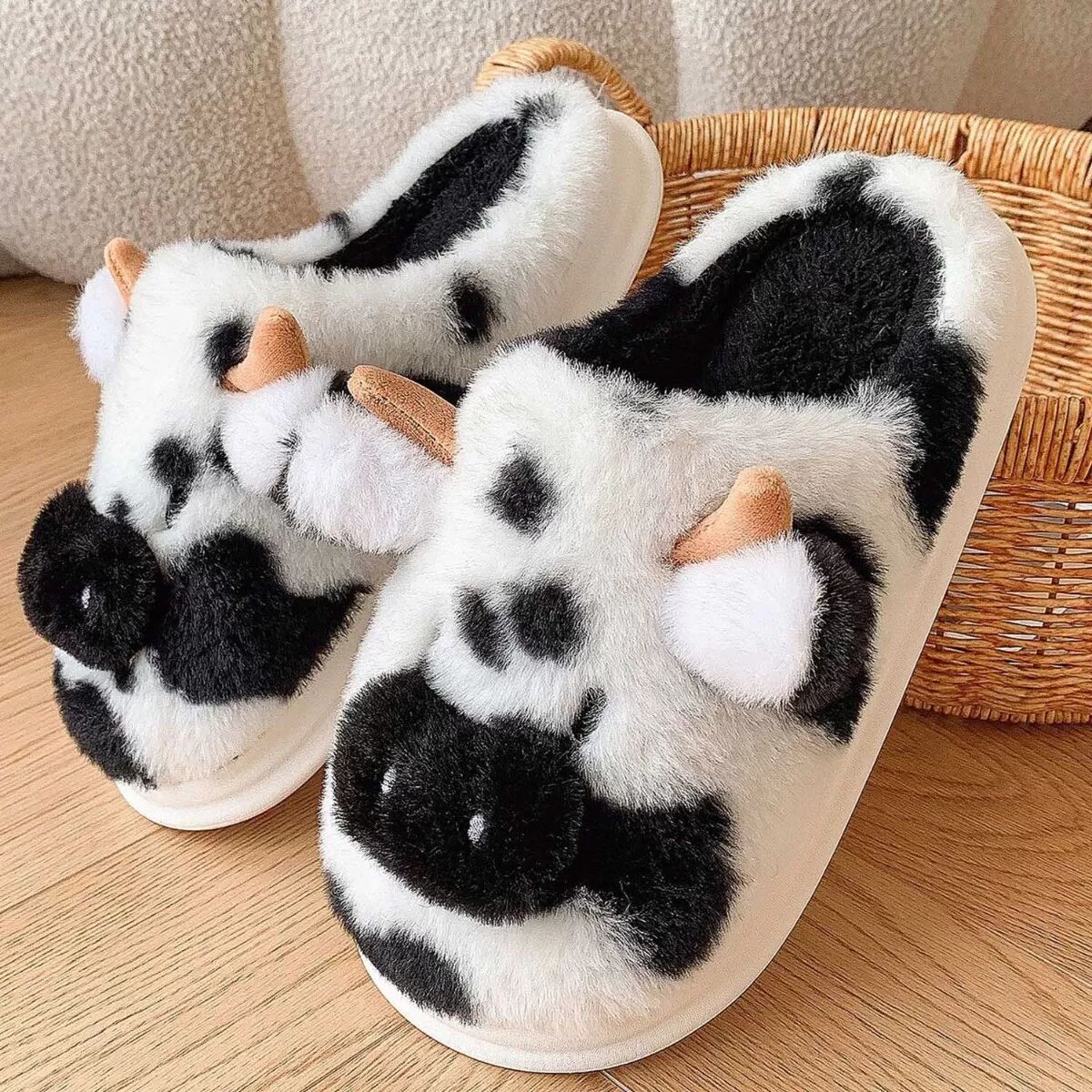 INF Chaussons d'intérieur en peluche motif vache - Chaussures confortables antidérapantes 44