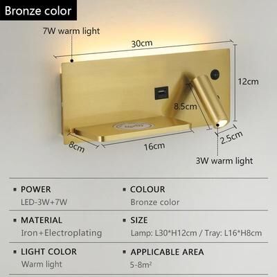 Uplift Picks Modern LED Wall Lamp With Wireless Charging And USB Port gold (b)