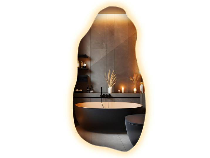 Wallfluent Led-Spiegel 40x80 cm Asymmetrisch Warmweiß 3000K, Gelb, Glas, Organisch, 40x80x0.4 cm, Spiegel, Wandspiegel