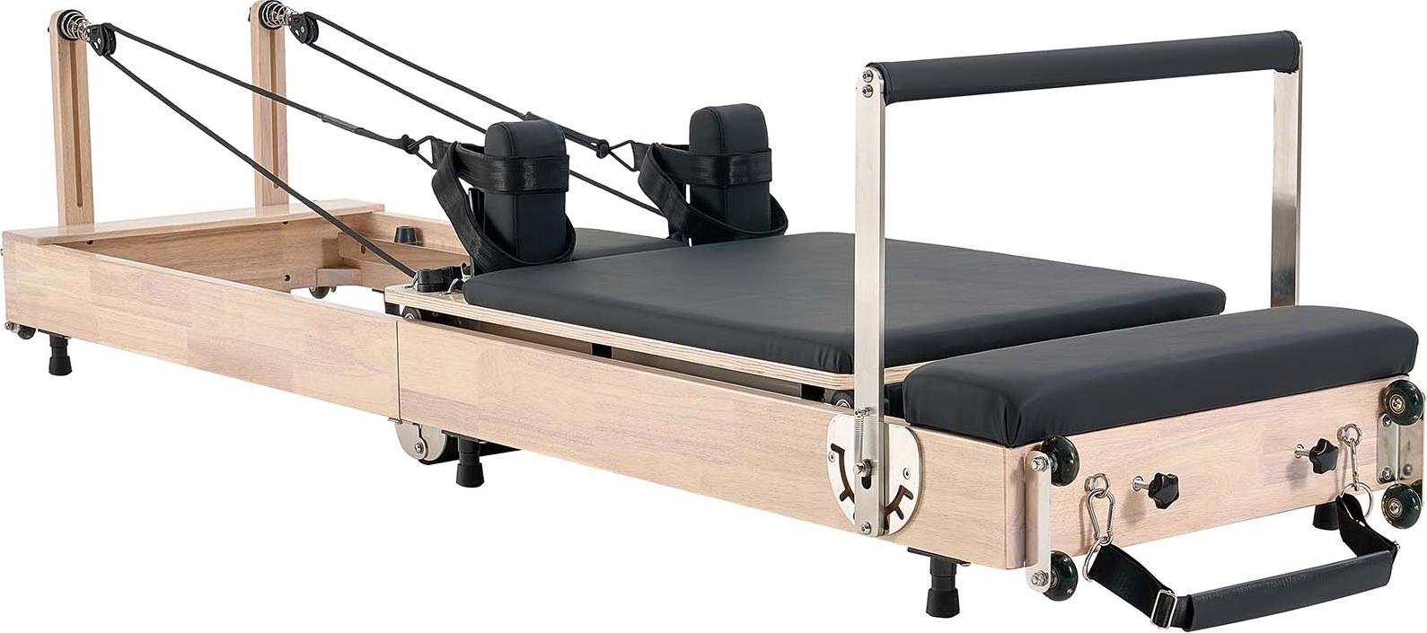 faltbarer Pilates Reformer Trainingsgerät aus Gummibaumholz für Heim-Fitnessstudio, Pilates-Bett mit doppeltem Widerstand - Feder & Kordel