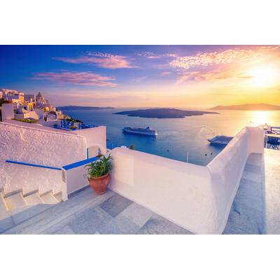 Papermoon "TERRASSE-SANTORINI SEE MEER STRAND PALMEN DÜNEN SCHIFFE"