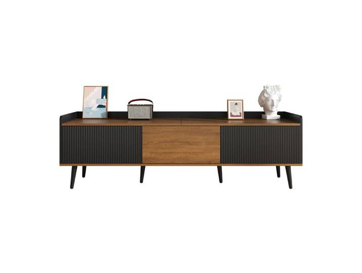 Meuble TV Noir & Bois Naturel - Meuble Bas 3 Portes Compact pour Salon - Design Moderne et Fonctionnel