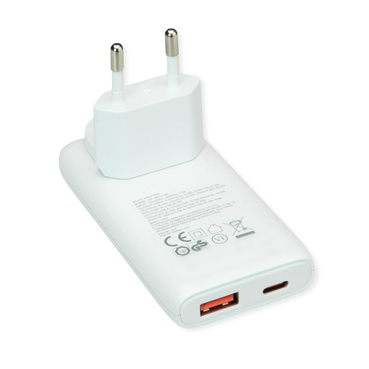 Value USB-Wandladegerät, EU-/US-Stecker, 2x USB (A+C), 65W (65 W, 2 Ports) (19.99.1112)