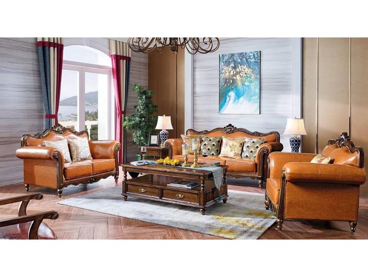 Xlmoebel Polstergarnitur Amerikanisches Ledersofa in Braun mit Holzgestell im Art déco-Stil, (Polstergarnitur, 3-tlg., 3-teiliges Ledersofa), Made in Europa