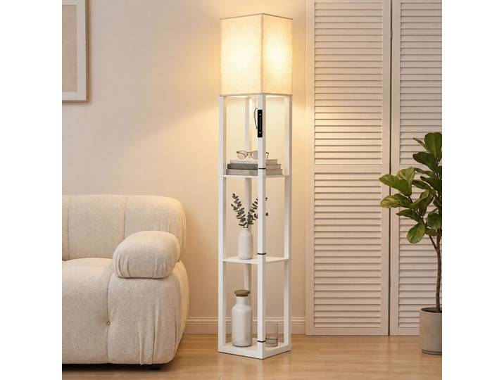 HOMCOM Lampadaire LED Blanc 3 Étagères Télécommande Tissu