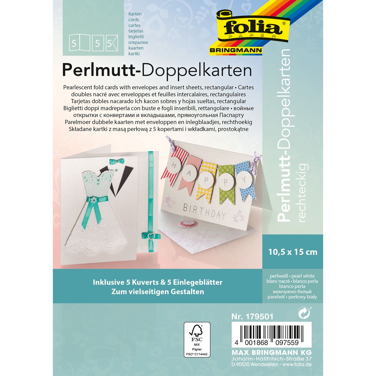 folia 5 Faltkarten mit Briefumschlägen pastell DIN A6 perlweiß
