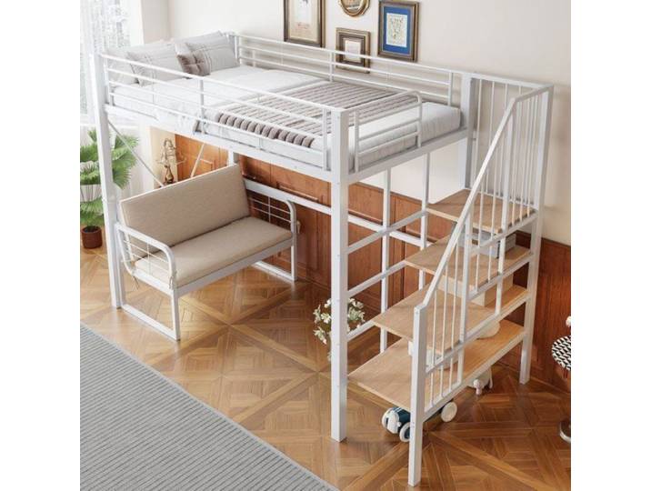Lit mezzanine 90x200cm adulte enfant cadre métallique durable canapé amovible entretien simplifié blanc LIT MEZZANINE