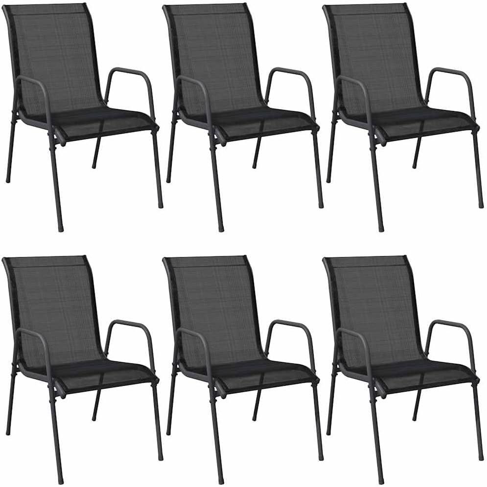 Set aus 6 schwarzen Gartenstühlen mit Armlehnen aus Textilene und pulverbeschichtetem Stahlgestell, klappbar und leicht für Camping und Strand