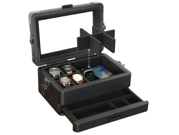 CASE ELEGANCE Militäruhrenbox mit 10 Fächern für Herren, Echtglasplatte, modulares Valet-Tablett, Apple Watch kompatibel mit Apple Watch-Ständer – Schwarz
