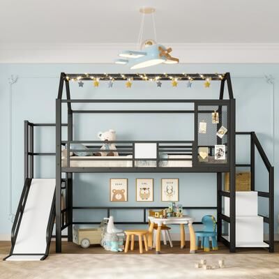 GREATPLANINC Metal House Loft Bed with Slide Storage Stairs Safety Rails for Kids