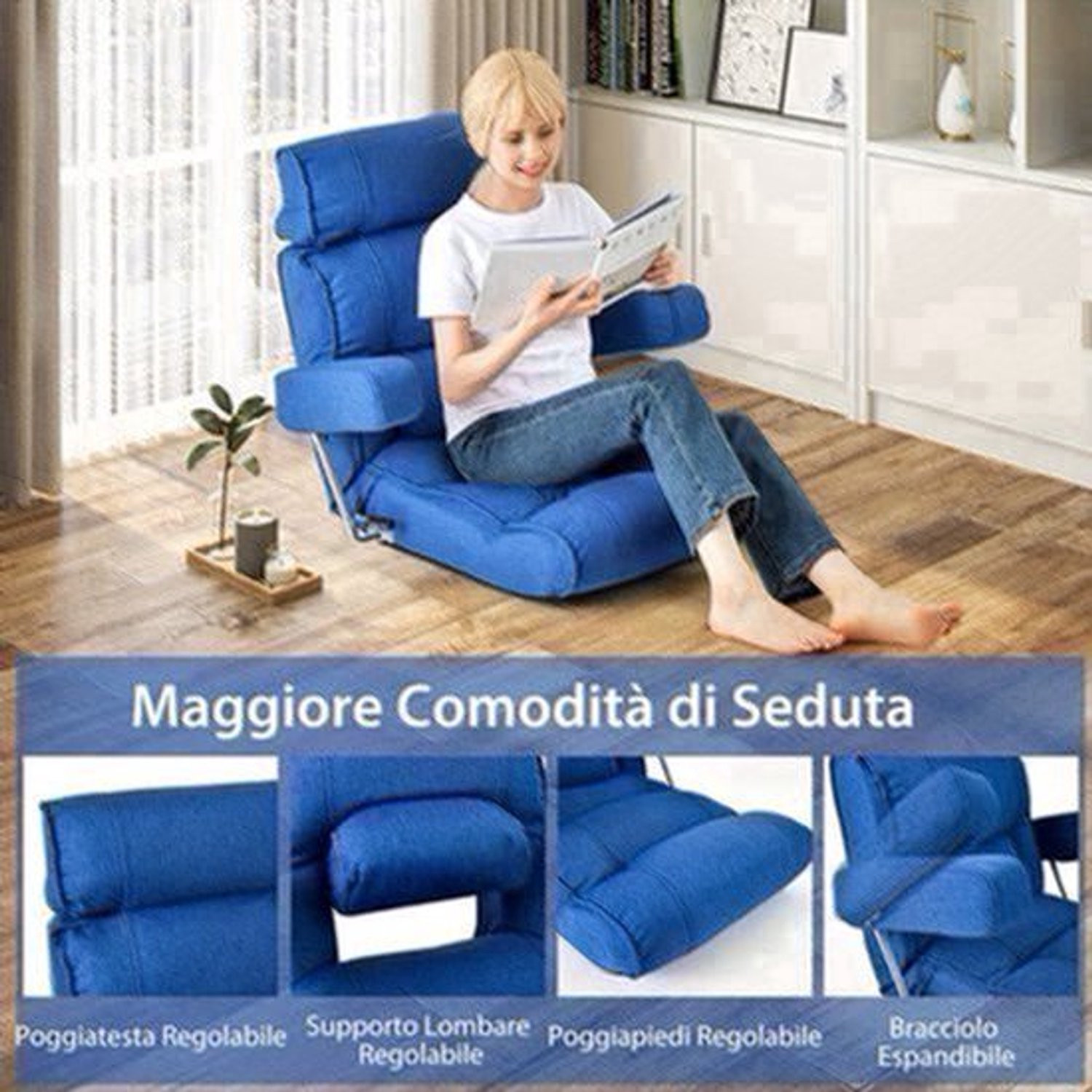 Moderne vloersofa met verstelbare hoofdsteun en traagschuim kussen voor de woonkamer, slaapkamer of home office