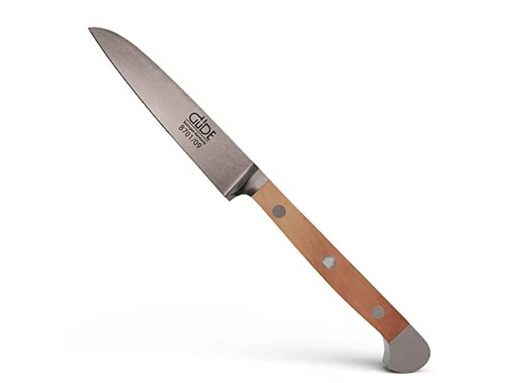 GÜDE Solingen - Groentemes gesmeed, 9 cm, perenhout, ALPHA PEER, dubbele bolster, Handgemaakt Duitsland